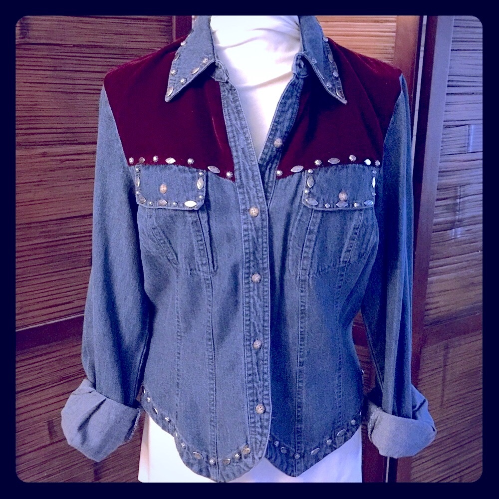 Denim Western Stud-Embellished Blouse with Burgundy Yoke